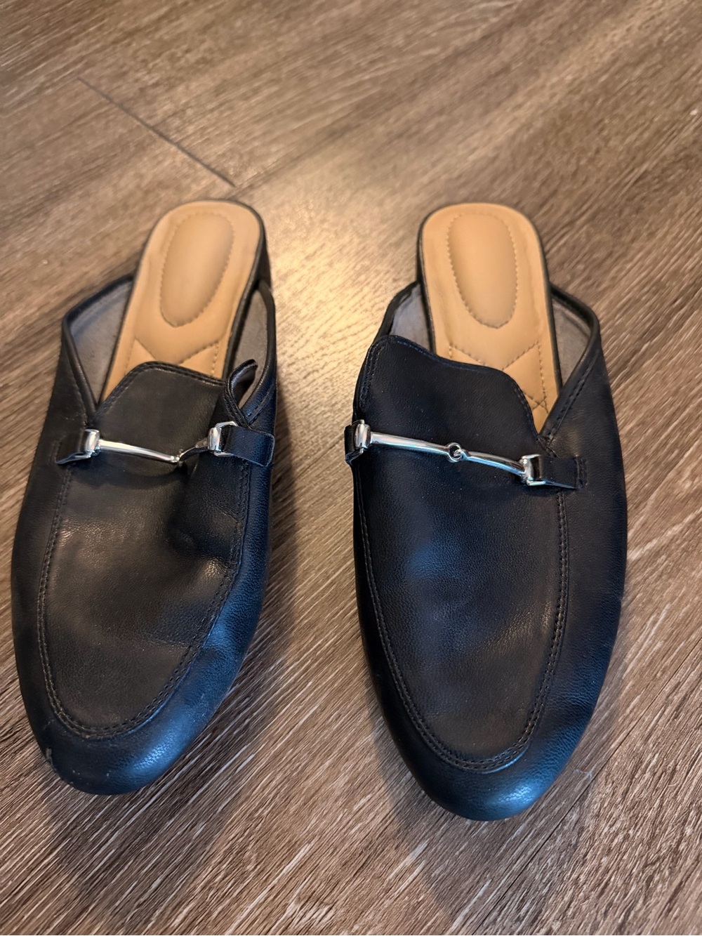 Rachel Zoe Black Leather Backless Loafers with Silver Bit